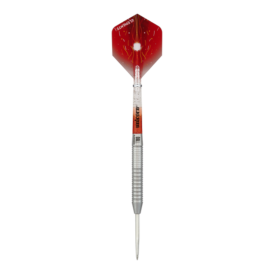 Fléchettes en acier Unicorn Core XL Striker Style 1 - 22 g Das Bild zeigt einen Unicorn Core XL Striker Style 1 Steeldart mit einem Gewicht von 22 Gramm. Der Dart hat eine silberne Spitze und einen roten Flight mit auffälligem Muster.