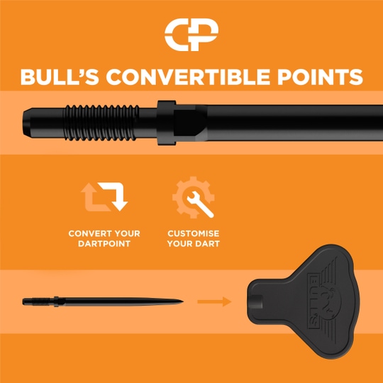 Outil de conversion des points Bulls NL Auf dem Bild ist das Bulls NL Convertible Points Tool zu sehen. Dieses Werkzeug wird zum einfachen Wechseln von Dartspitzen verwendet.