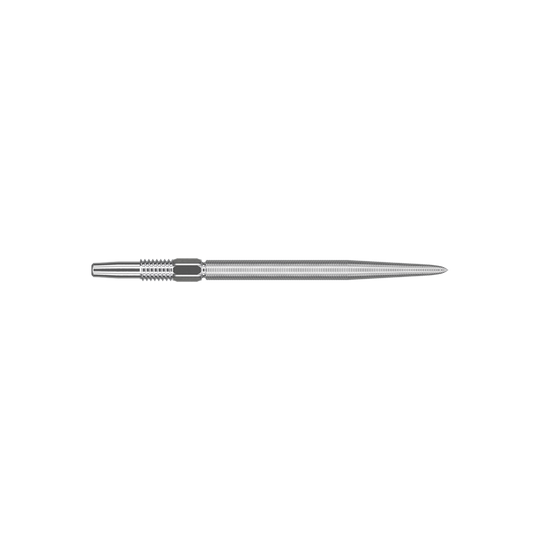 Pointes de fléchettes Target Swiss Point Nano - Argent Das Bild zeigt eine silberne Dartspitze in schlanker, länglicher Form. Die Oberfläche ist fein geriffelt und sieht präzise verarbeitet aus.