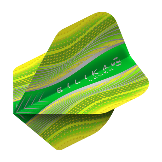 Auf dem Bild ist ein Harrows Silika Lumen Yellow No2 Standard Flight zu sehen. Das Flight ist überwiegend gelb und grün mit silbernen und grünen Details sowie der Aufschrift "Silika Lumen".