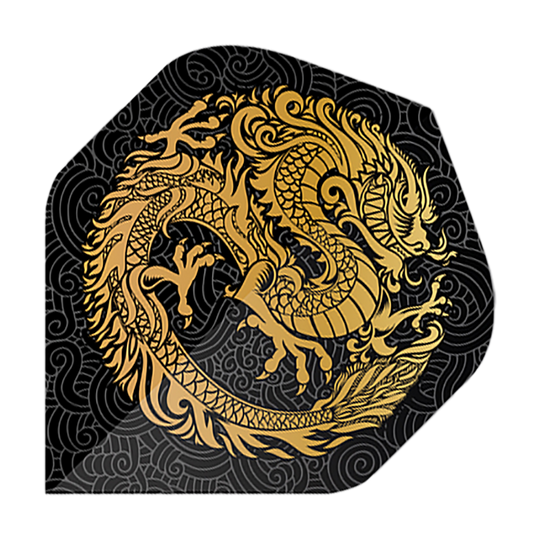 Vols de Pentathlon Dragon noir Das Bild zeigt die Pentathlon Dragon 2 Standard Flights. Auf schwarzem Hintergrund ist ein goldener Drache kunstvoll dargestellt.