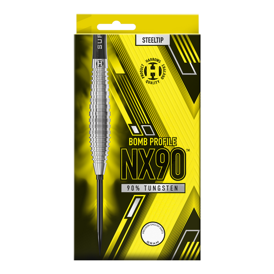 Fléchettes en acier Harrows NX90 Bomb Quick Point Das Bild zeigt die Harrows NX90 Bomb Quick Point Steeldarts. Es handelt sich um hochwertige Steeldarts für das Dartspiel.
