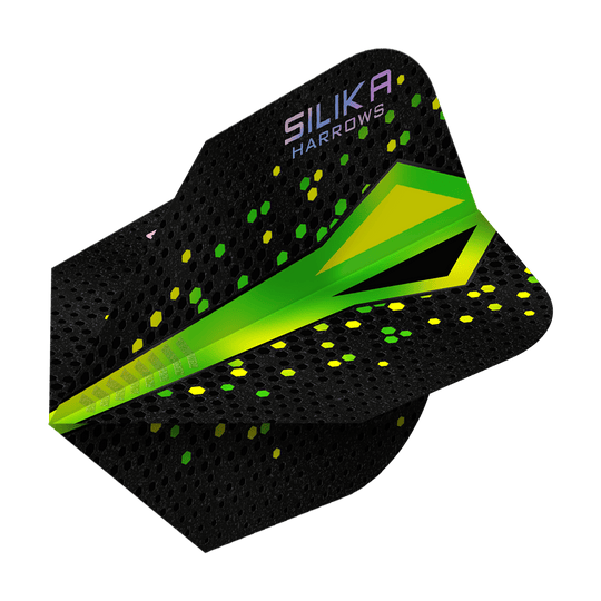 Revêtement cristallin résistant Harrows Silika Colourshift Vert No6 Vols Das Bild zeigt ein Dartflight der Marke Harrows mit dem Namen „Silika Colourshift Tough Crystalline Coating Green No6“. Das Flight ist überwiegend schwarz mit grünen und gelben Akzenten sowie hexagonalen Mustern.
