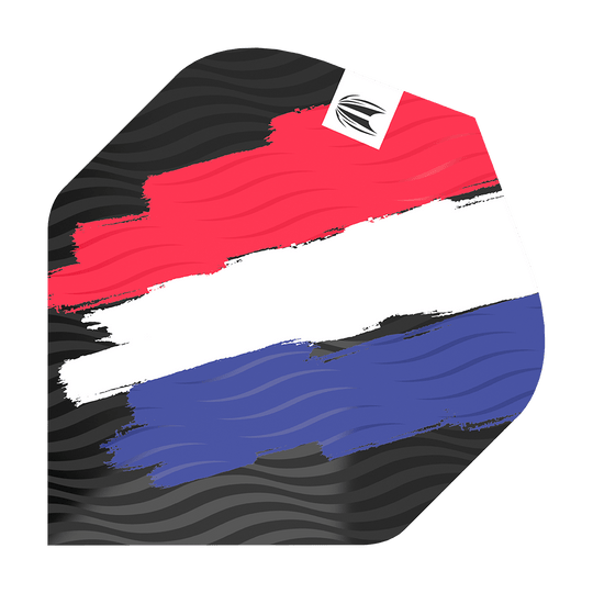 Das Bild zeigt ein Dart-Flight mit den Farben der niederländischen Flagge in Pinselstrich-Optik. Oben links ist ein kleines Logo auf weißem Hintergrund zu sehen.