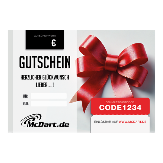 Bon d'achat - Ruban rouge Das Bild zeigt einen Gutschein mit einer großen roten Schleife. Auf dem Gutschein steht „Herzlichen Glückwunsch“ und es gibt ein Feld für den Gutscheinwert sowie einen Gutscheincode.