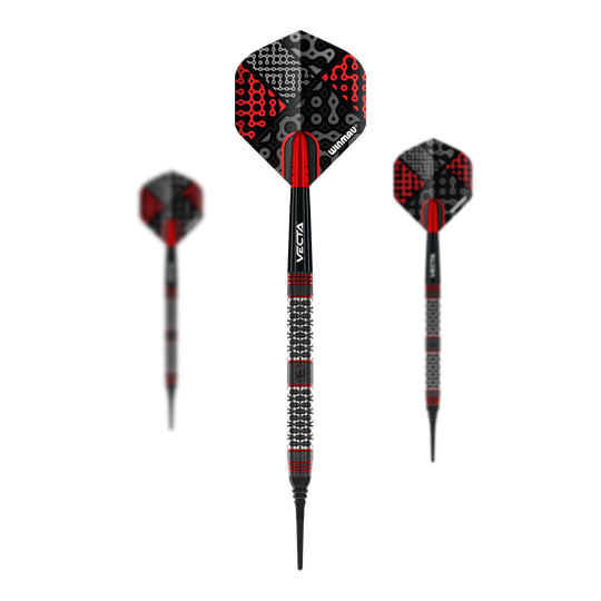 Fléchettes souples Winmau Cypher - 20 g Das Bild zeigt drei Winmau Cypher Softdarts mit einem Gewicht von 20 Gramm. Die Darts haben ein auffälliges Design in Schwarz und Rot mit strukturiertem Griff.