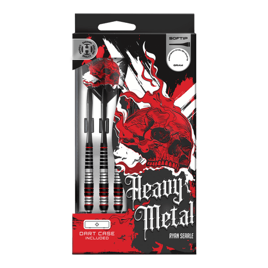Fléchettes souples en laiton Ryan Searle Harrows Heavy Metal Das Bild zeigt Harrows Heavy Metal Ryan Searle Brass Softdarts. Die Darts werden aus Messing gefertigt und sind auf einer hellen Fläche angeordnet.