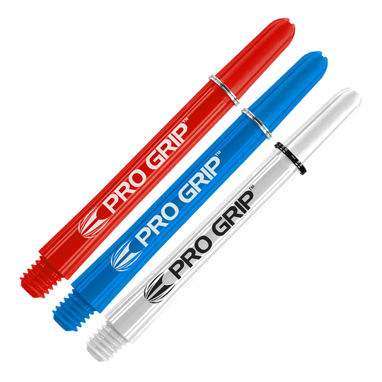 Tiges Target Pro Grip - 3 jeux - Rouge Bleu Blanc Das Bild zeigt drei Dartschäfte in den Farben Rot, Blau und Weiß. Auf jedem Schaft steht der Schriftzug "PRO GRIP".