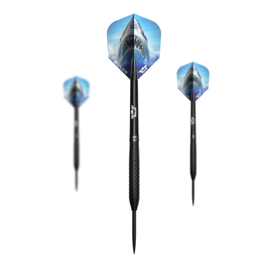 Fléchettes Bulls NL Shark Pro en acier noir Das Bild zeigt drei schwarze Steeldarts mit dem Namen "Bulls NL Shark Pro Black Steeldarts". Die Flights der Darts sind mit dem Bild eines offenen Haifischmauls bedruckt.