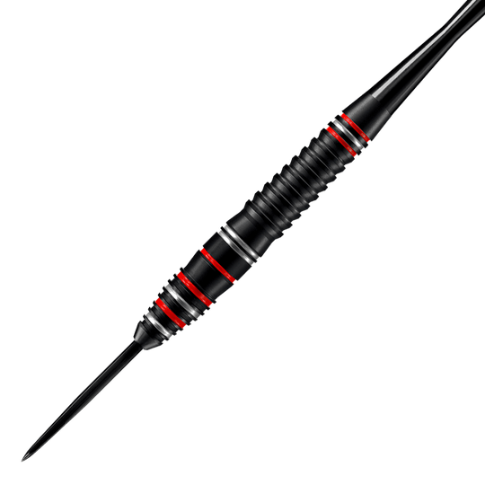 Das Bild zeigt einen Harrows Fire High Grade Alloy Steeldart. Der Dart ist schwarz mit roten und silbernen Ringen.