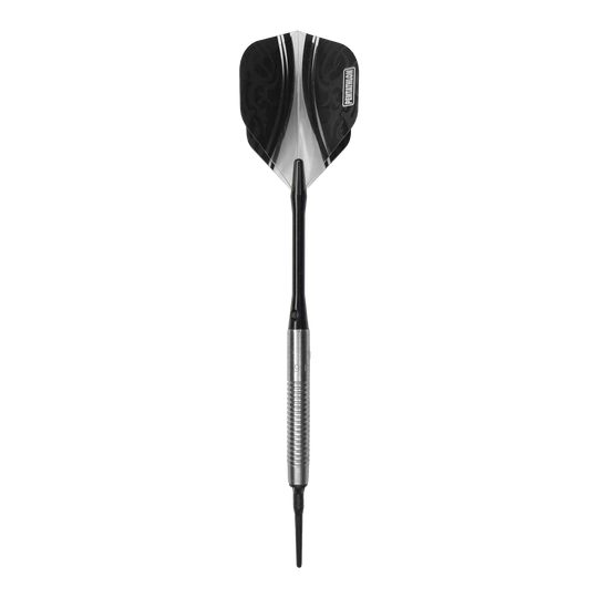 Fléchettes souples McDart 85 Tungstène V21 - 18,5 g Das Bild zeigt einen McDart 85er Tungsten V21 Softdart mit einem Gewicht von 18,5g. Der Dart hat eine silberne, gerillte Barrel und schwarze Flights.