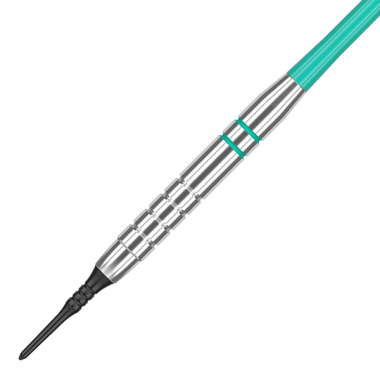 Das Bild zeigt einen Target Rob Cross Silver Voltage Softdart mit einem Gewicht von 18 Gramm. Der Dartpfeil hat ein silbernes Barrel mit türkisfarbenen Akzenten und einer schwarzen Softspitze.