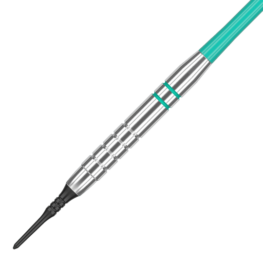 100550_Target_Rob_Cross_Silver_Voltage_Softdarts_2 Das Bild zeigt einen Target Rob Cross Silver Voltage Softdart mit einem Gewicht von 18 Gramm. Der Dartpfeil hat ein silbernes Barrel mit türkisfarbenen Akzenten und einer schwarzen Softspitze.