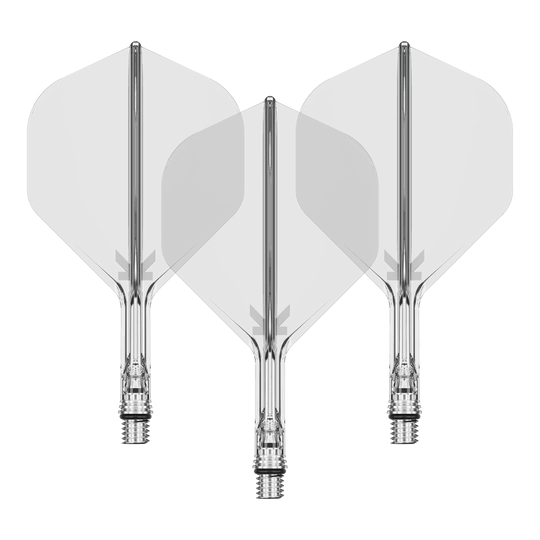Volets standard Target K-Shift n° 2 - Transparent Das Bild zeigt ein Set von Target KShift No2 Standard Flights, klar, mit einer Größe von 19mm. Das Produkt ist ein Zubehör für Darts.