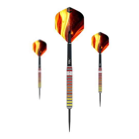 Fléchettes en acier Red Dragon Furnace Hier sehen Sie das Set der Red Dragon Furnace Steeldarts. Die Darts sind in einer geordneten Anordnung dargestellt.
