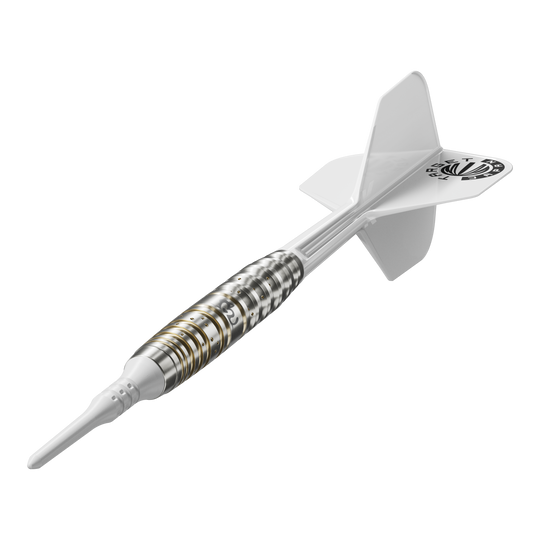 Fléchettes souples Target Japan Prime Series Mayujo Morita GEN6 - 18 g Das Bild zeigt einen Softdartpfeil aus der Target Japan Prime Series Mayujo Morita GEN6 mit einem Gewicht von 18g. Der Pfeil hat ein weißes Flight und ein silberfarbenes Barrel mit goldenen Akzenten.