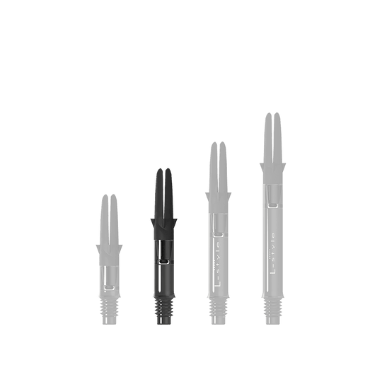 Das Bild zeigt drei schwarze Dartshafts in unterschiedlicher Länge. Sie sind aus Carbon gefertigt und tragen die Aufschrift "L-Style".