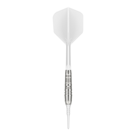 Fléchettes souples Target Japan Crux Trust - 17 g Das Bild zeigt einen Target Japan Crux Trust Softdart mit einem Gewicht von 17 Gramm. Der Dart hat einen silbernen, gerillten Schaft und weiße Flights.