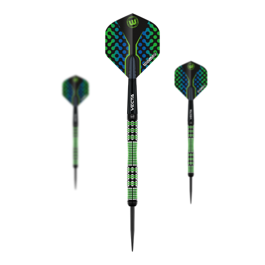 Fléchettes en acier Winmau Brendan Dolan Das Bild zeigt drei Winmau Brendan Dolan Steeldarts mit auffälligem grün-blauem Design. Die Darts haben schwarz-grün gemusterte Griffe und schwarze Spitzen.