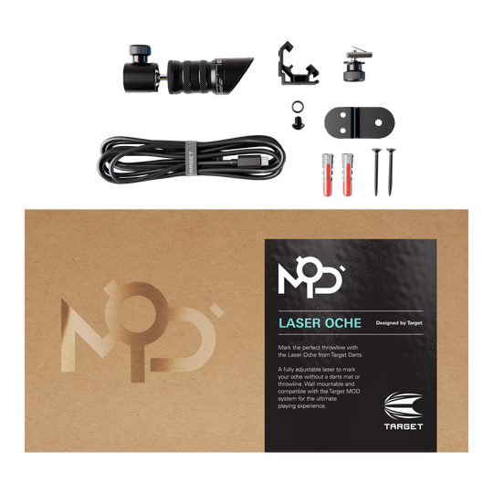 Das Bild zeigt das Produkt „Target MOD Laser Oche“ mit allen enthaltenen Teilen, wie Kabel, Schrauben und Montagematerial. Die Verpackung liegt im Vordergrund und trägt die Produktbezeichnung sowie eine kurze Beschreibung.