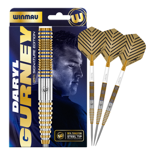Fléchettes en acier Winmau Daryl Gurney Signature Edition - 23 g Abgebildet ist das Set Winmau Daryl Gurney Signature Edition Steeldarts - 23g. Die Pfeile zeichnen sich durch ihre hochwertige Verarbeitung aus.