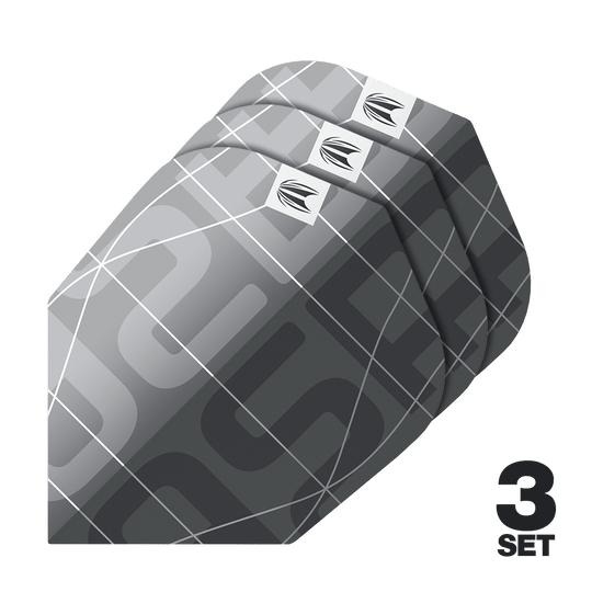 Ailettes Target Pro Ultra Aspinall X Echo No6 - 3 jeux Das Bild zeigt drei Sätze Target Pro Ultra Aspinall X Echo No6 Flights für Darts. Die Flights haben ein modernes, graues Design mit weißen Linien und einem kleinen Logo.