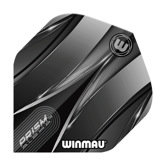 Vols standard Winmau Alpha Sniper noirs Das Bild zeigt einen Winmau Alpha Sniper Black Standard Flight für Darts. Das Design ist überwiegend schwarz und silber mit stilisierten Linien und dem Winmau-Logo.