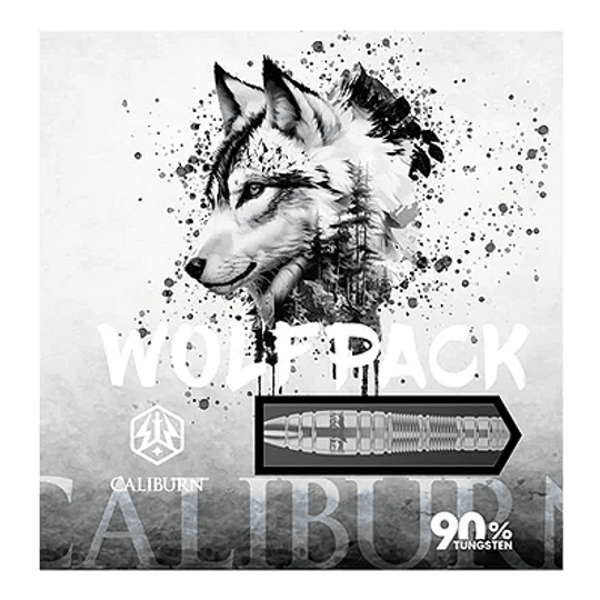 Das Bild zeigt die Verpackung der Caliburn Wolfpack W2 Steeldarts – 22g mit einer stilisierten Zeichnung eines Wolfes. Auf der Verpackung steht außerdem "90% Tungsten".