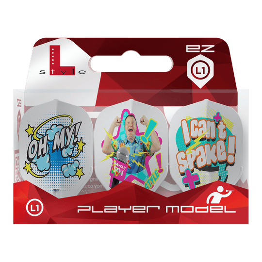 Vols blancs Wayne Mardle Type B L1EZ de style L Die Verpackung zeigt die L-Style Wayne Mardle Type B L1EZ White Flights. Die Flights sind farbenfroh gestaltet und tragen Comic-Sprüche wie „OH MY!“ und „I can’t spake!“.