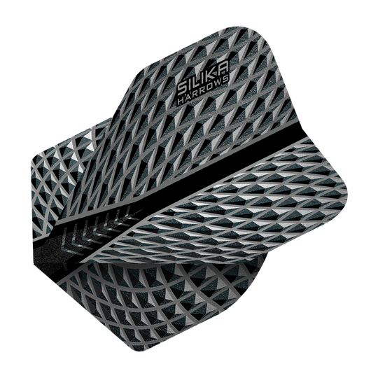 Das Bild zeigt das Produkt "Harrows Silika Smokey No2 Standard Flights". Die Flights haben ein silbergraues, geometrisches Muster mit dem Aufdruck "SILIKA HARROWS" oben.