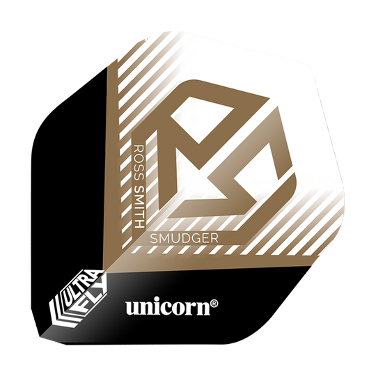 Volets Unicorn Ultrafly 100 Ross Smith Smudger AR1 Das Bild zeigt einen Dartflight mit der Aufschrift „ROSS SMITH SMUDGER“ und einem goldenen Logo auf weißem Hintergrund. Unten befinden sich die Markenbezeichnungen „ultrafly“ und „unicorn“.