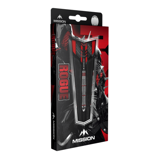 Fléchettes Mission Rogue en acier laitonné - 22 g Die Abbildung zeigt die Verpackung der "Mission Rogue Brass Steeldarts - 22g". Die Verpackung ist überwiegend schwarz und rot gestaltet und zeigt den Dartpfeil sowie das Rogue-Logo deutlich.