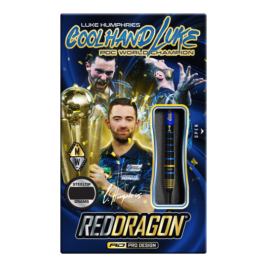 Fléchettes en acier Red Dragon Luke Humphries TX4 Avenger Die Verpackung zeigt die "Red Dragon Luke Humphries TX4 Avenger Steeldarts" mit einem Bild von Luke Humphries als PDC Weltmeister. Die Darts sind im Design sichtbar und die Packung ist in Blau und Gold gestaltet.