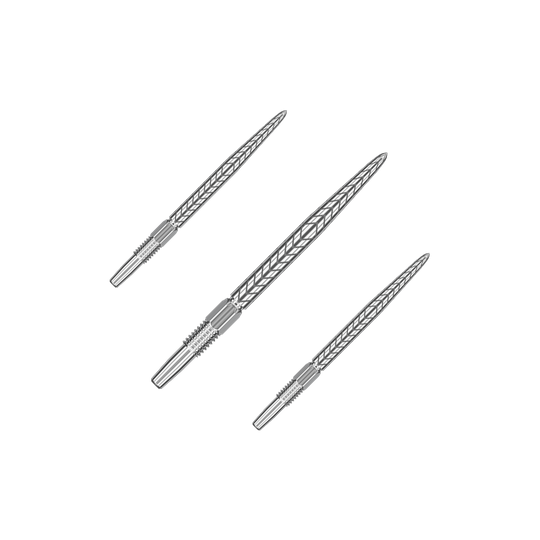 Auf dem Bild sind drei silberne Dartspitzen abgebildet. Sie haben ein dekoratives Muster und sind in einer diagonalen Linie angeordnet.