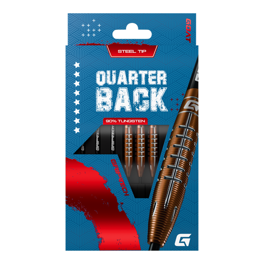 Fléchettes GOAT Quarterback V2 en acier tungstène - 24 g Die Verpackung zeigt die "GOAT Quarterback V2 Tungsten Steeldarts - 24g" mit Stahlspitze. Die Darts bestehen zu 90% aus Tungsten und haben ein modernes Design.