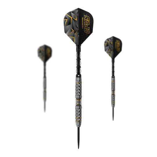 Fléchettes en acier Harrows Opus Das Bild zeigt drei Steeldarts der Marke Harrows Opus. Die Darts haben ein schwarz-gelbes Design mit auffälligen Griffringen am Barrel.