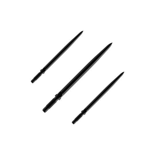 Pointes de fléchettes convertibles Bulls NL - Lisses - Noires Das Bild zeigt einen Artikel mit dem Namen BU57700_BullsNL_Convertible_Points_Smooth_Schwarz_32mm_1Set. Es handelt sich vermutlich um einen Satz schwarzer, glatter Dartspitzen mit einer Länge von 32 mm.