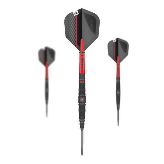 Fléchettes en acier Target Scope 04 Swiss Point Auf dem Bild sind drei Steeldarts des Modells "Target Scope 04 Swiss Point" zu sehen. Die Darts haben ein modernes Design in Schwarz und Rot mit auffälligen Details.