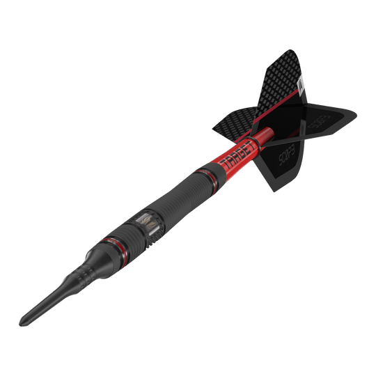 Target Scope 11 fléchettes souples Das Bild zeigt einen Target Scope 11 Softdart mit schwarzem und rotem Design. Der Dartpfeil hat eine schwarze Spitze und eine schwarze Flight-Fläche mit Schriftzug.