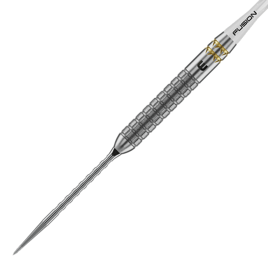 Fléchettes en acier Winmau Gian Van Veen W-MAX Switch Point Winmau Gian Van Veen W-MAX Switch Point Steeldarts werden aus einer anderen Perspektive gezeigt. Die Darts liegen auf einer weißen Fläche.
