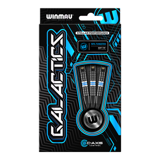 Fléchettes souples Winmau Galactics - 20 g Die Abbildung zeigt eine Verpackung der "Winmau Galactics Softdarts - 20g". Das Design ist modern und hebt die wichtigsten Merkmale wie 90% Tungsten und Soft Tip hervor.