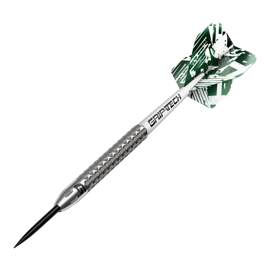 Fléchettes GOAT Fairway V2 en acier tungstène Das Bild zeigt einen GOAT Fairway V2 Tungsten Steeldart. Der Dartpfeil hat ein silbernes Griffstück mit strukturierter Oberfläche und grüne Flights mit weißem Muster.