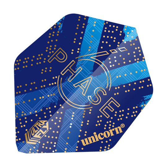 69454_Unicorn_World_Champion_Gary_Anderson_Phase_6_AR2_Flights_1 Das Bild zeigt das Produkt "Unicorn Ultra Fly 100 Gary Anderson World Champion Phase 6 AR2 Flights". Das Design ist überwiegend blau mit goldenen Punkten und Schriftzügen wie "PHASE" und "unicorn".
