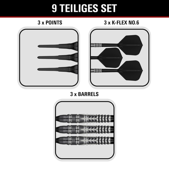 Fléchettes souples Target Black Marque Blaze - 18 g Gezeigt werden die Target Black Marque Blaze Softdarts mit 18g Gewicht. Diese Softdarts sind für ambitionierte Spieler entworfen.