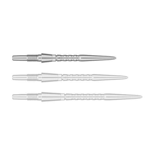 Pointes de fléchettes en acier Target Swiss Point Storm Surge - argent Das Bild zeigt drei silberne Steeldartspitzen, die nebeneinander liegen. Sie haben eine gerillte Struktur und eine spitz zulaufende Form.