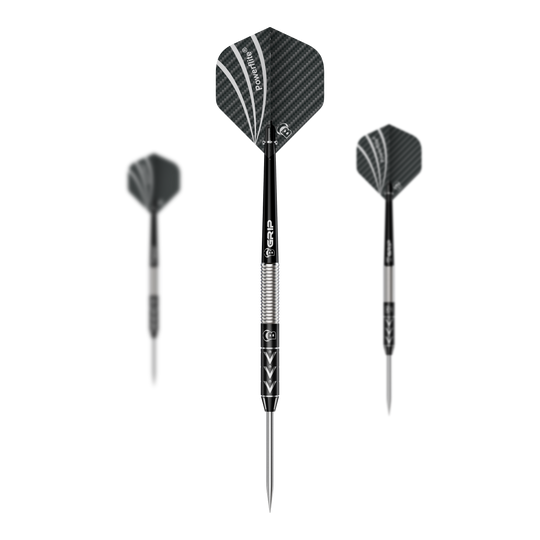 Fléchettes en acier Bulls Challenger Arno Merk - 22g Das Bild zeigt drei Steeldarts des Modells "Bulls Challenger Arno Merk" mit einem Gewicht von 22g. Die Pfeile haben schwarze Flights mit silbernen Akzenten und einen silber-schwarzen Schaft.