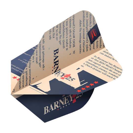 Target ProUltra Raymond Van Barneveld Barney25 Vols Ten-X Das Bild zeigt ein Target ProUltra Raymond Van Barneveld Barney25 Ten-X Flight für Darts. Das Flight ist in Beige und Dunkelblau gehalten und mit Text sowie Sternen dekoriert.