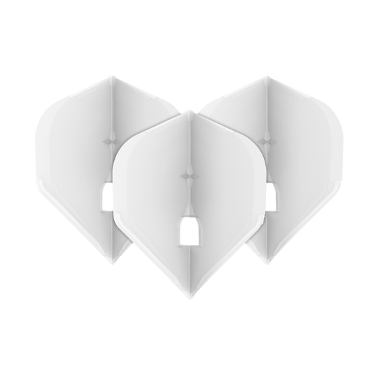 L-Style Champagne L1PRO Flights Auf dem Bild sind drei transparente Dartflights in weißer Farbe zu sehen, die nebeneinander angeordnet sind. Die Flights haben eine klassische Form und besitzen in der Mitte eine kleine rechteckige Öffnung.
