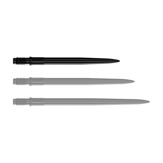 Pointes de fléchettes Mission R2.5 Rapid Point SM1 - Noires Das Bild zeigt eine einzelne schwarze Dartspitze mit einer Länge von 30 mm. Die Spitze ist für den Einsatz in Darts gedacht.