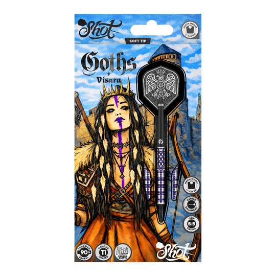 Fléchettes souples Shot Goths Visara - 20 g Hier sieht man die Shot Goths Visara Softdarts - 20g. Diese hochwertigen Softdarts sind speziell für den Freizeitsport entworfen.
